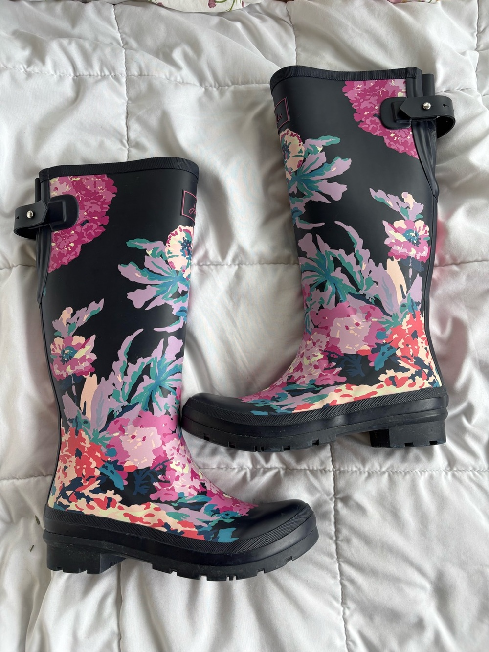 Joules Welly Print Tall Rain Boots Navy Floral Womens US 6 Adjustable